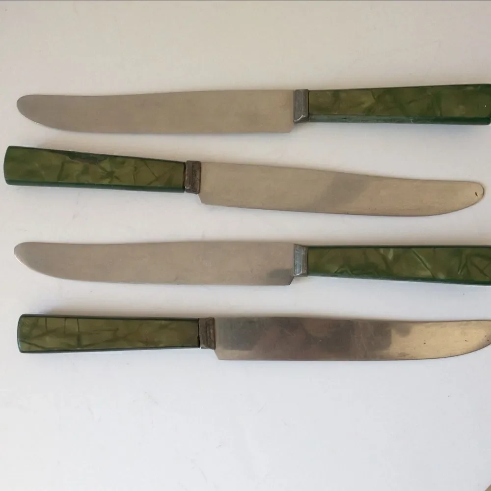 ROYAL BRAND Sharp Cutter Knife Set x 4 Marbled Celluloid Handles Stainless Steel